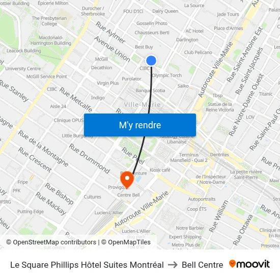 Le Square Phillips Hôtel Suites Montréal to Bell Centre map