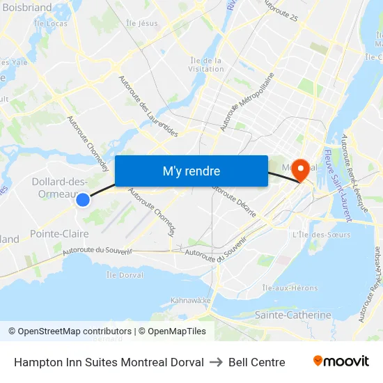 Hampton Inn Suites Montreal Dorval to Bell Centre map