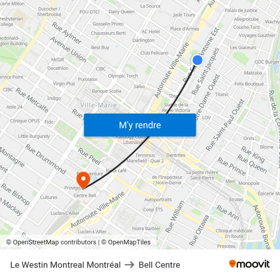Le Westin Montreal Montréal to Bell Centre map
