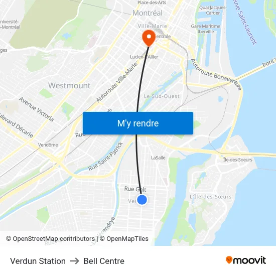 Verdun Station to Bell Centre map
