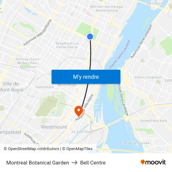 Montreal Botanical Garden to Bell Centre map