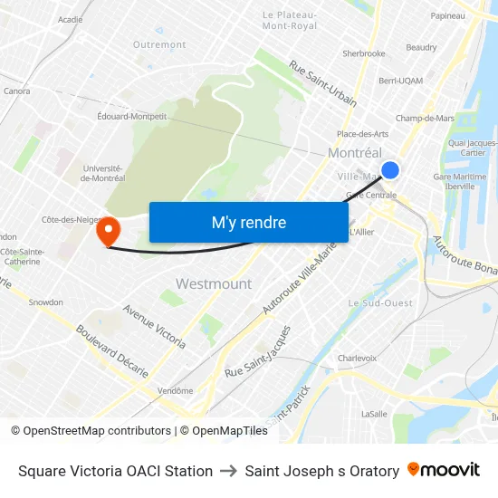 Square Victoria OACI Station to Saint Joseph s Oratory map