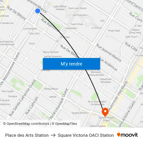 Place des Arts Station to Square Victoria OACI Station map