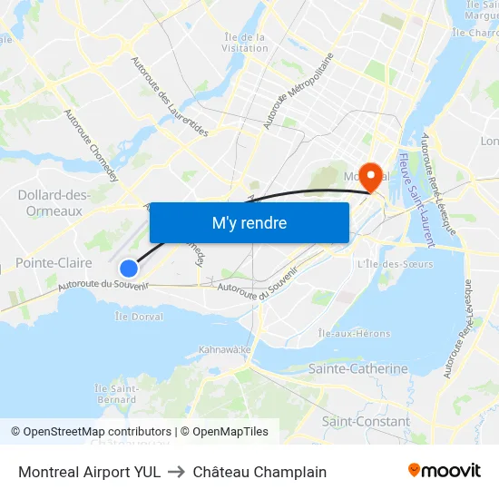 Montreal Airport YUL to Château Champlain map