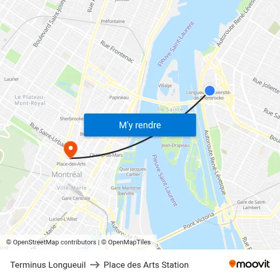 Terminus Longueuil to Place des Arts Station map