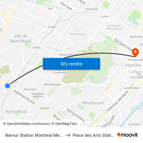 Namur Station Montreal Metro to Place des Arts Station map