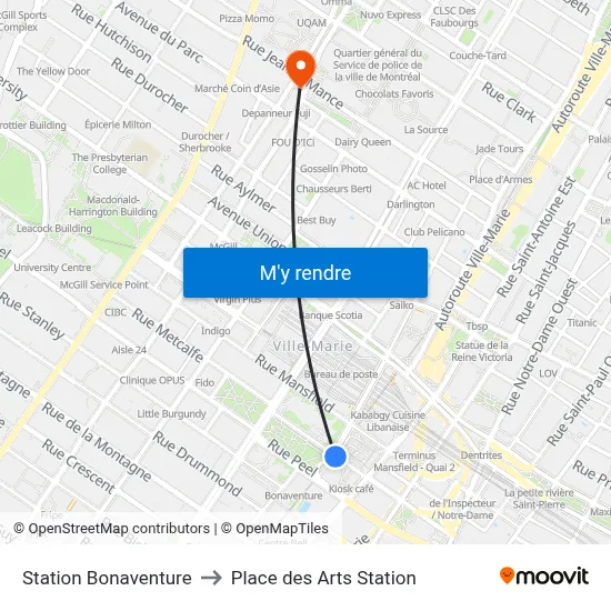 Station Bonaventure to Place des Arts Station map