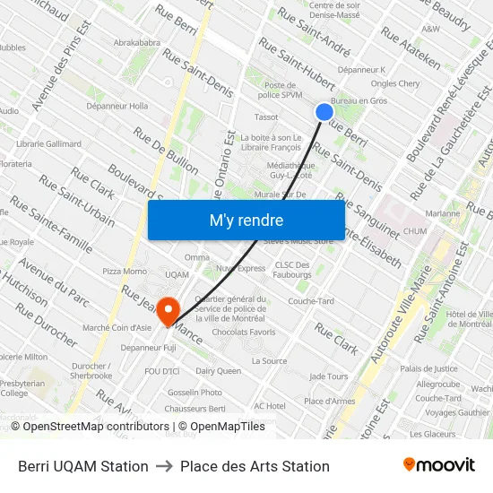 Berri UQAM Station to Place des Arts Station map