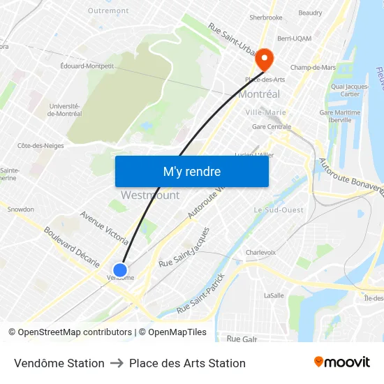 Vendôme Station to Place des Arts Station map