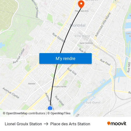 Lionel Groulx Station to Place des Arts Station map