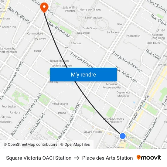 Square Victoria OACI Station to Place des Arts Station map