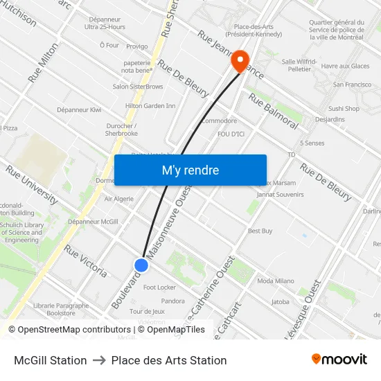 McGill Station to Place des Arts Station map