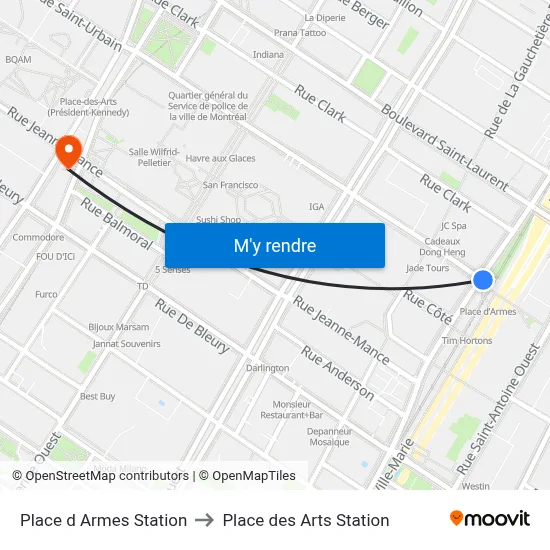 Place d Armes Station to Place des Arts Station map