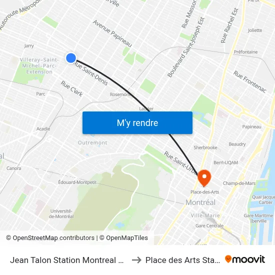 Jean Talon Station Montreal Metro to Place des Arts Station map