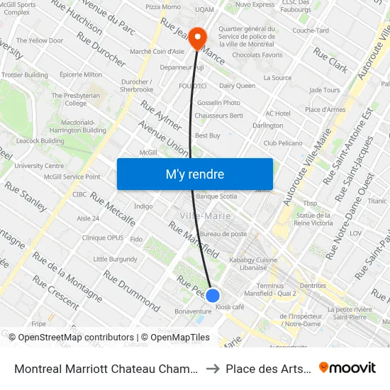 Montreal Marriott Chateau Champlain Montréal to Place des Arts Station map