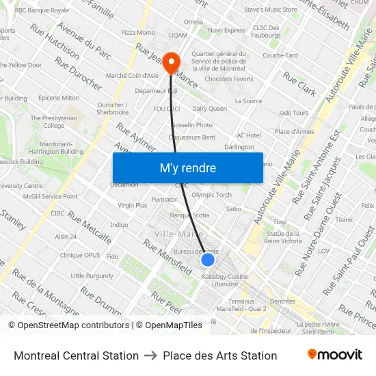 Montreal Central Station to Place des Arts Station map