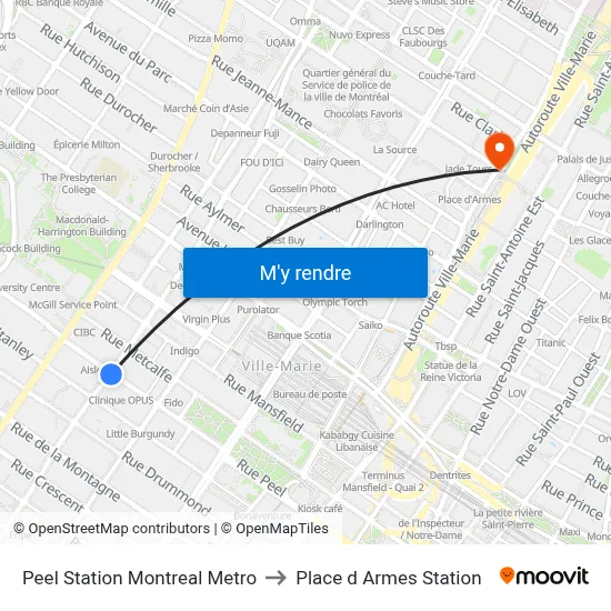 Peel Station Montreal Metro to Place d Armes Station map