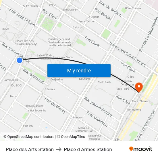 Place des Arts Station to Place d Armes Station map