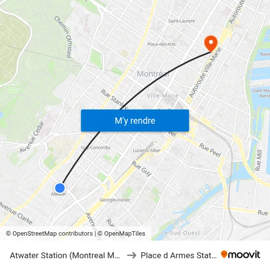 Atwater Station (Montreal Metro) to Place d Armes Station map
