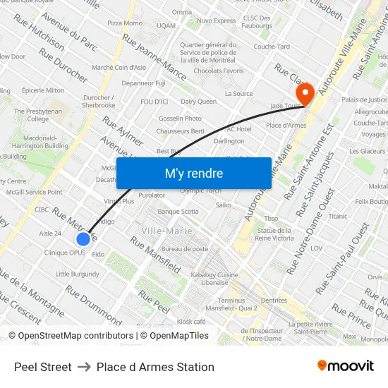 Peel Street to Place d Armes Station map