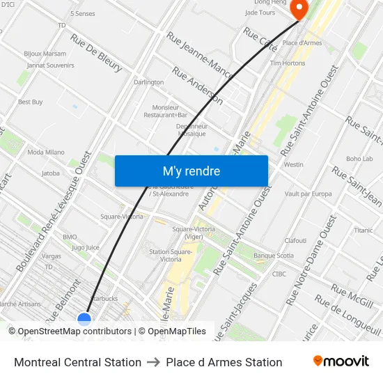 Montreal Central Station to Place d Armes Station map