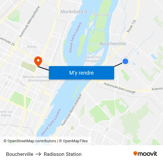 Boucherville to Radisson Station map