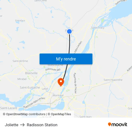 Joliette to Radisson Station map