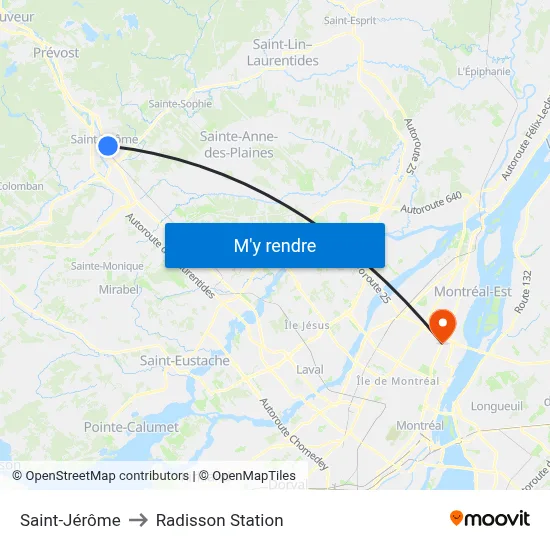 Saint-Jérôme to Radisson Station map