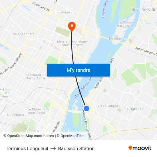 Terminus Longueuil to Radisson Station map