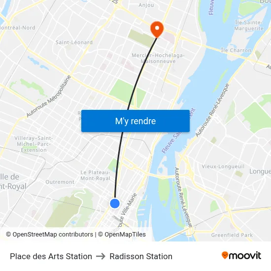 Place des Arts Station to Radisson Station map
