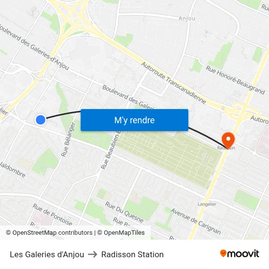 Les Galeries d'Anjou to Radisson Station map
