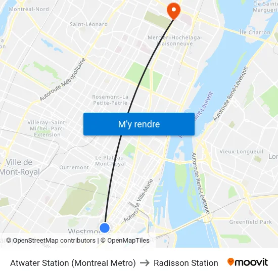 Atwater Station (Montreal Metro) to Radisson Station map