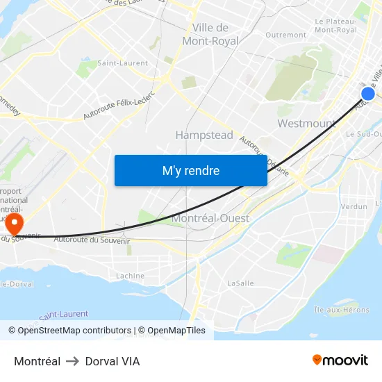 Montréal to Dorval VIA map