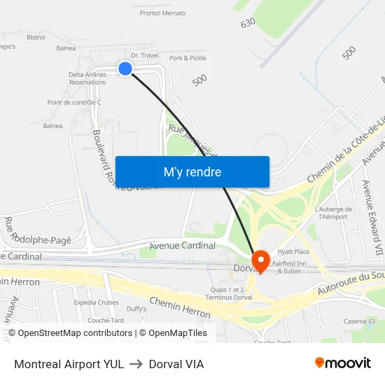 Montreal Airport YUL to Dorval VIA map