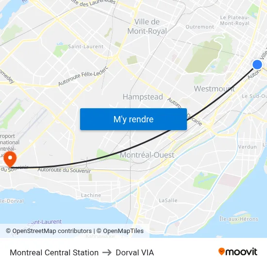 Montreal Central Station to Dorval VIA map