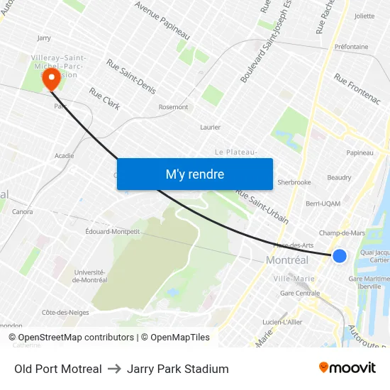 Old Port Motreal to Jarry Park Stadium map