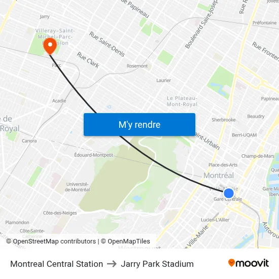 Montreal Central Station to Jarry Park Stadium map