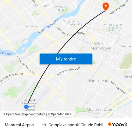 Montreal Airport YUL to Complexe sportif Claude Robillard map