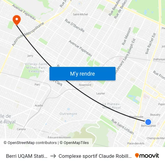 Berri UQAM Station to Complexe sportif Claude Robillard map
