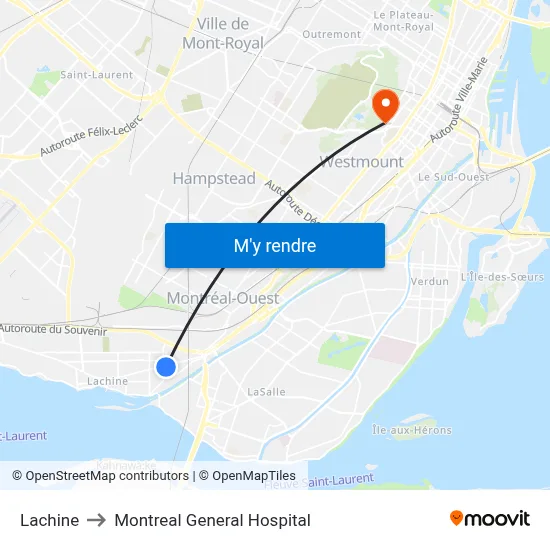 Lachine to Montreal General Hospital map