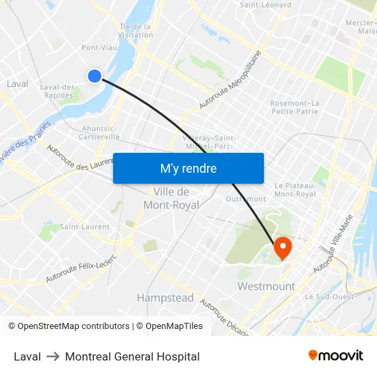 Laval to Montreal General Hospital map