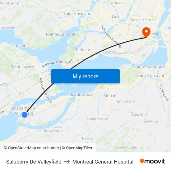 Salaberry-De-Valleyfield to Montreal General Hospital map