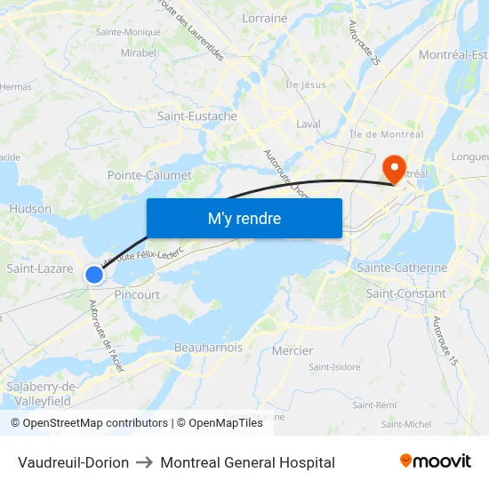 Vaudreuil-Dorion to Montreal General Hospital map