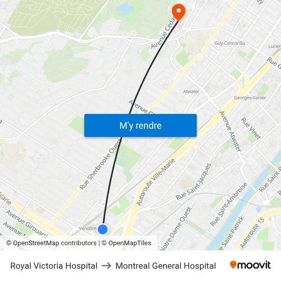 Royal Victoria Hospital to Montreal General Hospital map