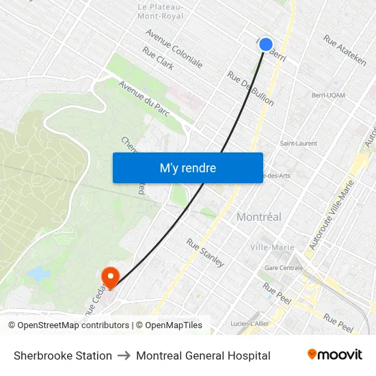 Sherbrooke Station to Montreal General Hospital map