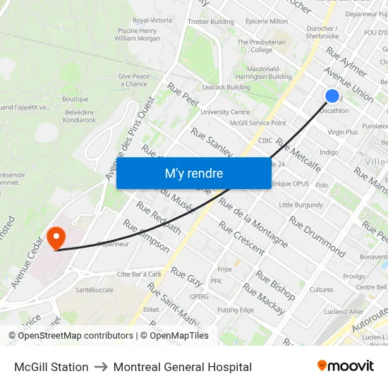 McGill Station to Montreal General Hospital map
