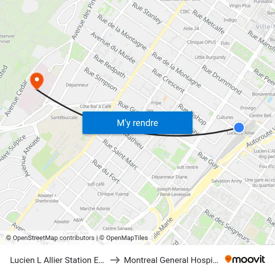 Lucien L Allier Station Exo to Montreal General Hospital map