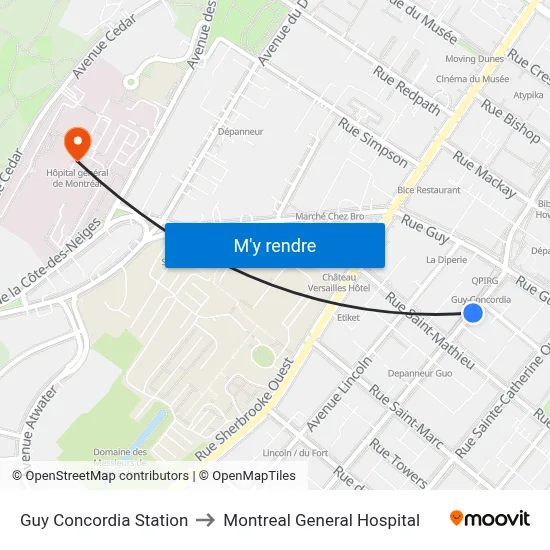 Guy Concordia Station to Montreal General Hospital map
