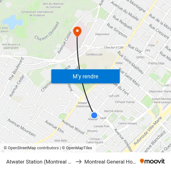Atwater Station (Montreal Metro) to Montreal General Hospital map