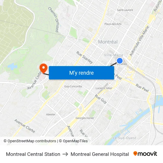 Montreal Central Station to Montreal General Hospital map